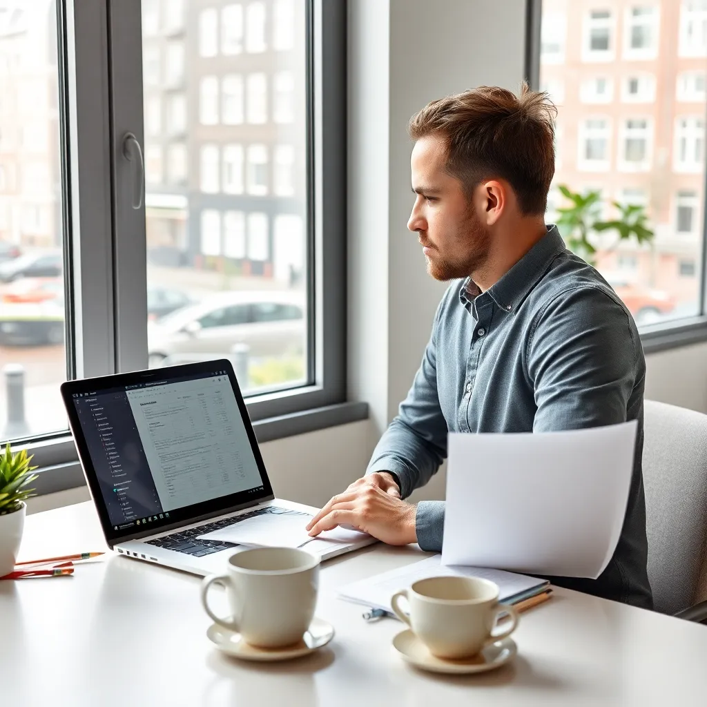 Een ondernemer werkt aan een ondernemingsplan op laptop