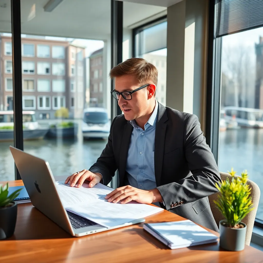 Een ondernemer werkt aan een ondernemingsplan op laptop